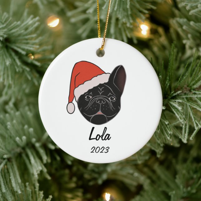 Black Frenchie Santa Hat Christmas Ornament (Tree)