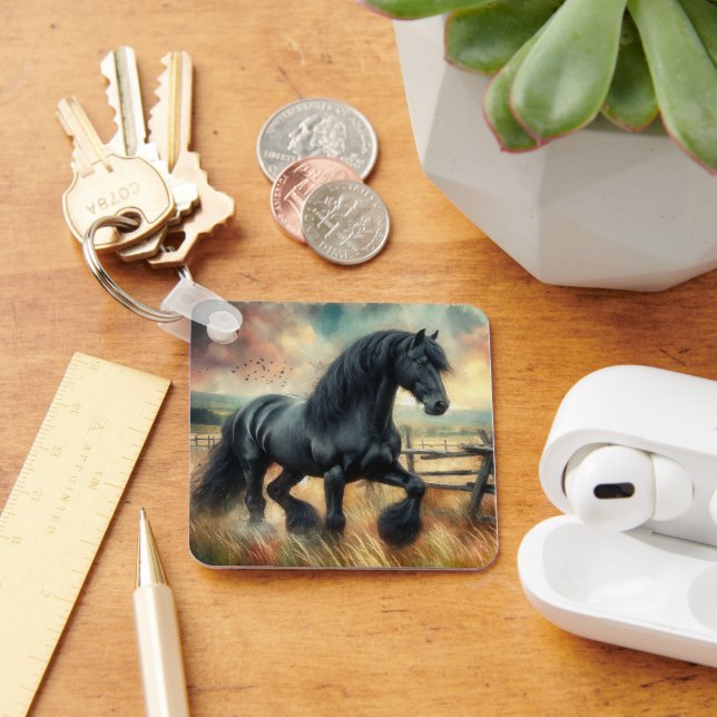 Black Fresian Horse Pasture Rustic Fence Key Ring (Desk)