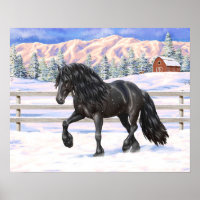 Black Friesian Draft Horse In Snow