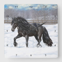 Black Friesian Draft Horse In Snow