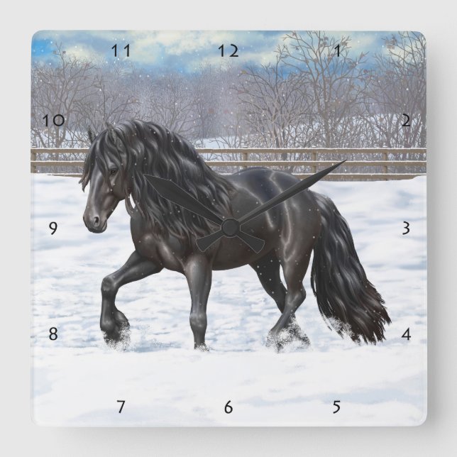 Black Friesian Draft Horse In Snow Square Wall Clock (Front)