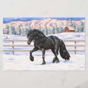 Black Friesian Draught Horse In Snow