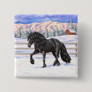 Black Friesian Draught Horse In Snow 15 Cm Square Badge