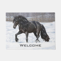 Black Friesian Draught Horse In Snow