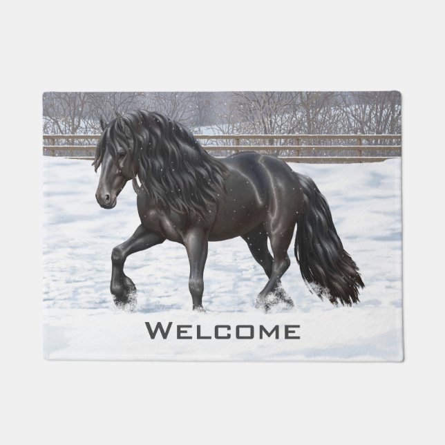 Black Friesian Draught Horse In Snow Doormat (Front)