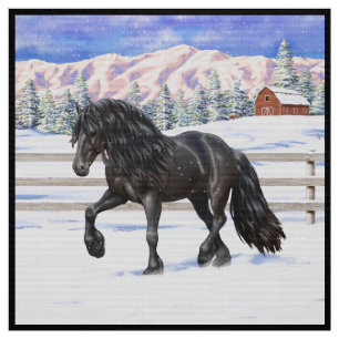 Black Friesian Draught Horse In Snow Fabric