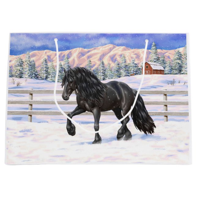 Black Friesian Draught Horse In Snow Large Gift Bag (Front)