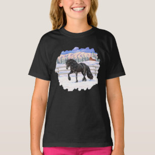 Black Friesian Draught Horse In Snow T-Shirt