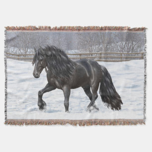 Black Friesian Draught Horse In Snow Throw Blanket