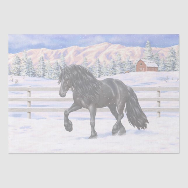 Black Friesian Draught Horse In Snow Tissue Paper (Front)