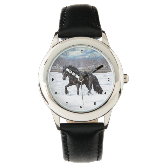 Black Friesian Draught Horse In Snow Watch (Front)