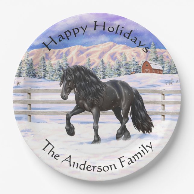 Black Friesian Draught Horse Trotting In Snow Paper Plate (Front)