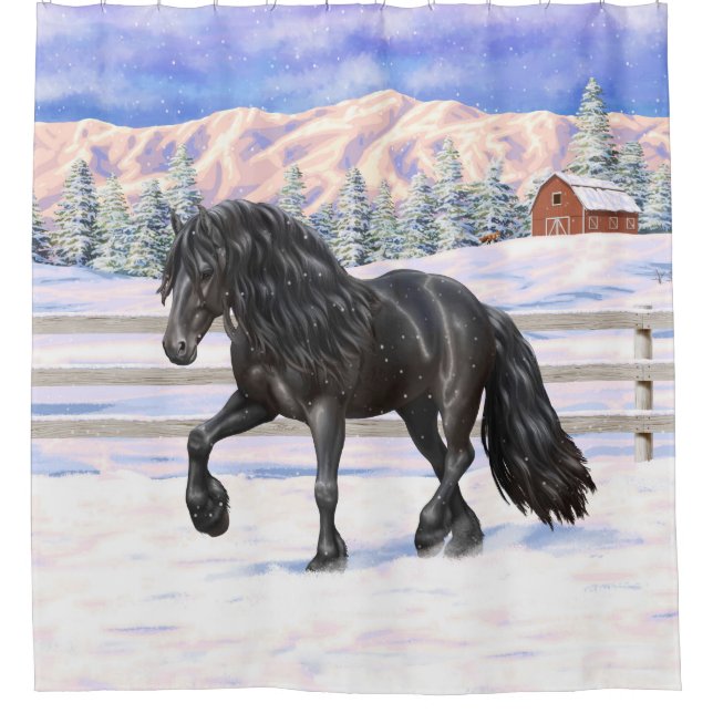 Black Friesian Draught Horse Trotting In Snow Shower Curtain (Front)