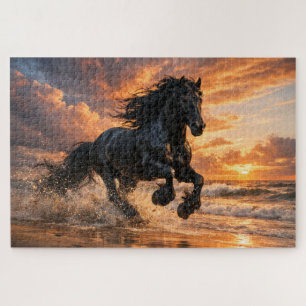 Black Friesian Horse at Sunset, Powerful Beach Run Jigsaw Puzzle