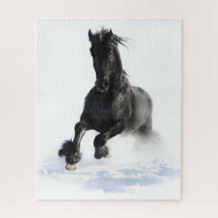 Black Friesian Horse In Snow Jigsaw Puzzle