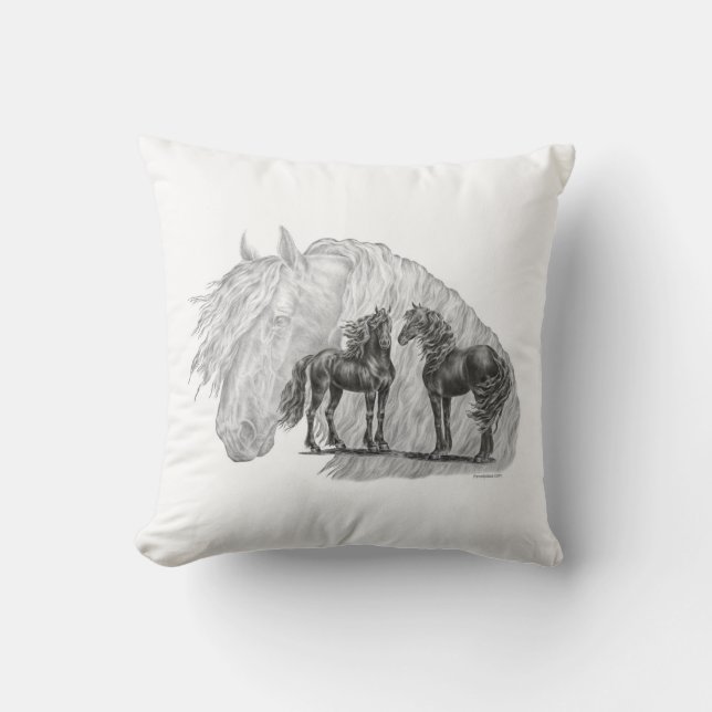 Black Friesian Horses Manes Tails Cushion (Front)