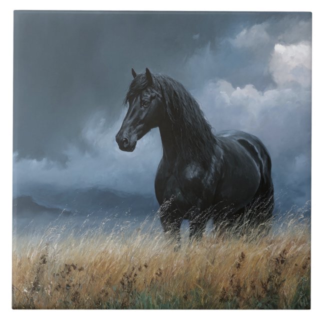 Black Friesian Stallion Dramatic Landscape Tile (Front)