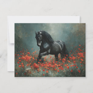 Black Friesian Stallion Red Poppies Postcard