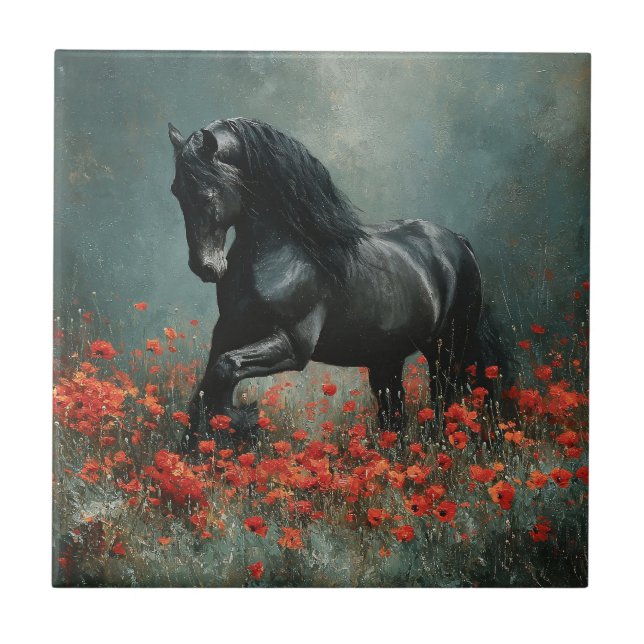 Black Friesian Stallion Red Poppies Tile (Front)