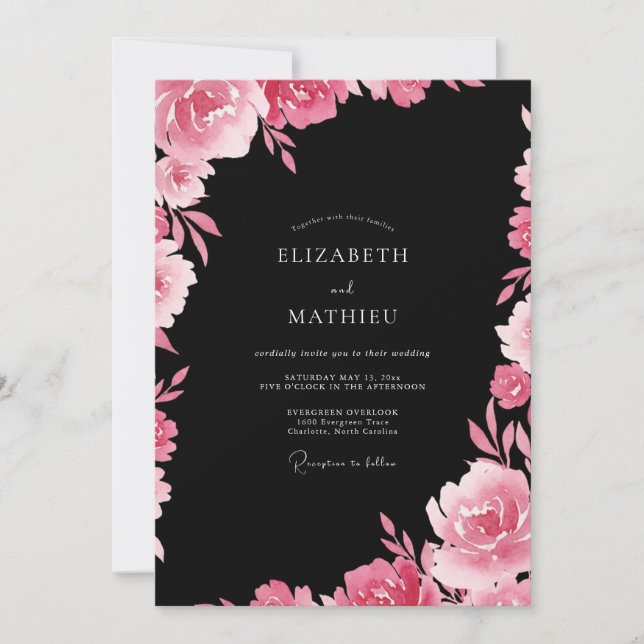 Black Fuchsia Blossom Wedding Invitation (Front)