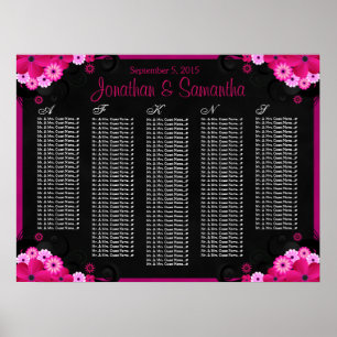 Black Fuchsia Floral Wedding Table Seating Charts