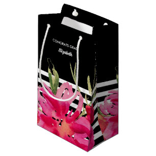 Black   Fuchsia Flowers Graduation Gift Bags