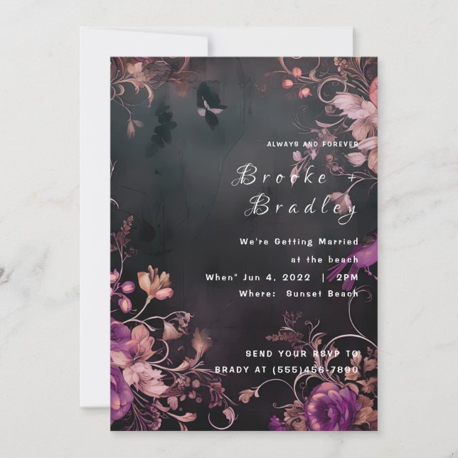 Black & Fuchsia Gothic Floral Wedding Invitation (Front)