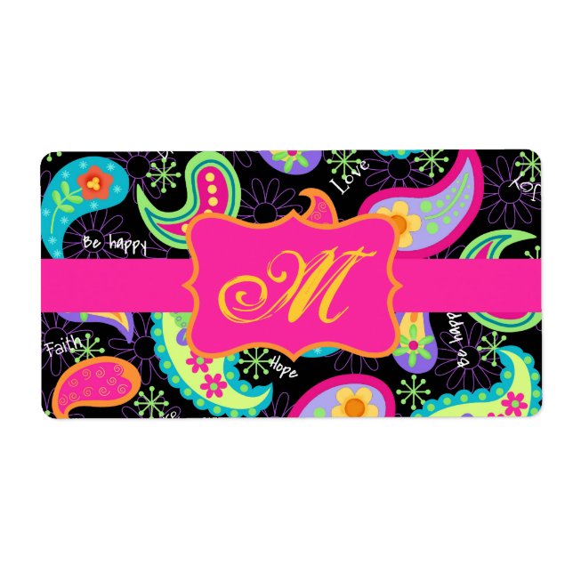 Black Fuchsia Pink Modern Paisley Monogram (Front)