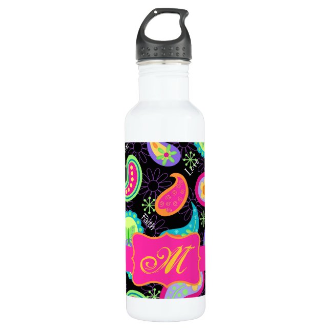 Black Fuchsia Pink Modern Paisley Monogram 710 Ml Water Bottle (Front)