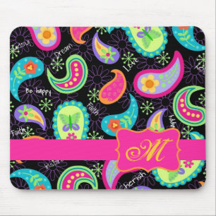 Black Fuchsia Pink Modern Paisley Monogram Mouse Pad