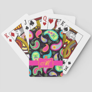 Black Fuchsia Pink Modern Paisley Monogram Playing Cards