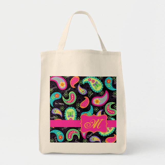 Black Fuchsia Pink Modern Paisley Monogram Tote Bag (Front)