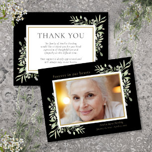 Black Funeral Memorial Photo Watercolor Greenery Thank You Card