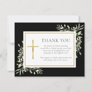 Black Funeral Watercolor Greenery Christian Photo Thank You Card