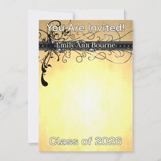 Black Funky Elegant Swirls-Change to Current Year Invitation (Front)