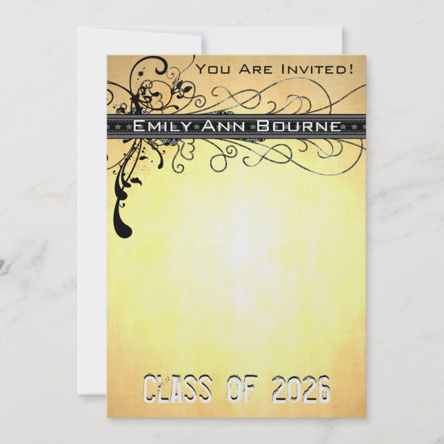 Black Funky Elegant Swirls Graduation Invite (Front)