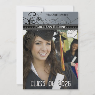 Black Funky Elegant Swirls Graduation Invite