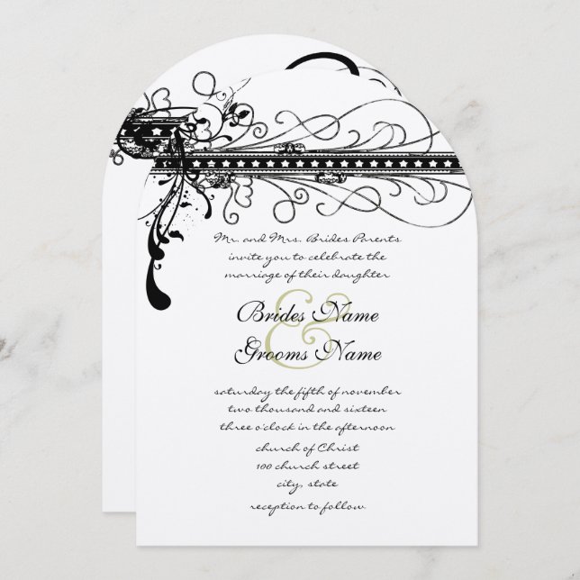 Black Funky Elegant Swirls Wedding Invitation (Front/Back)