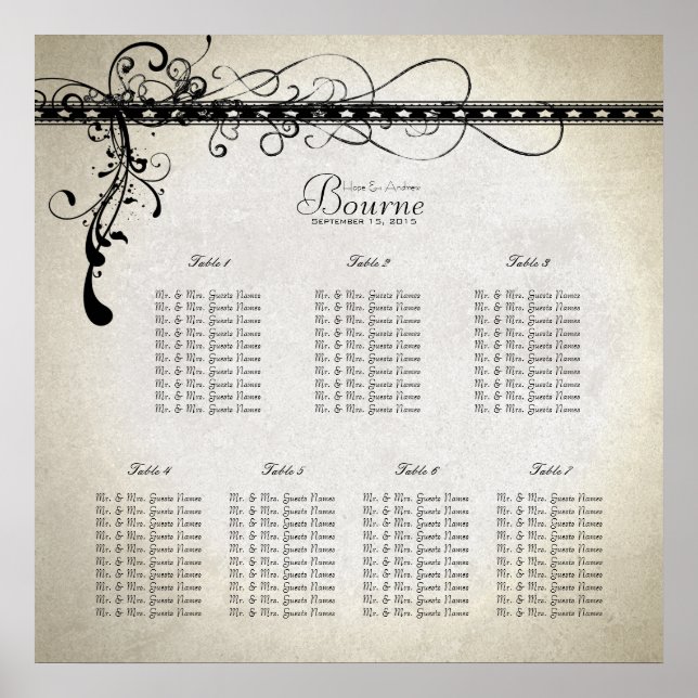 Black Funky Stone Lights & Swirls Seating Chart (Front)
