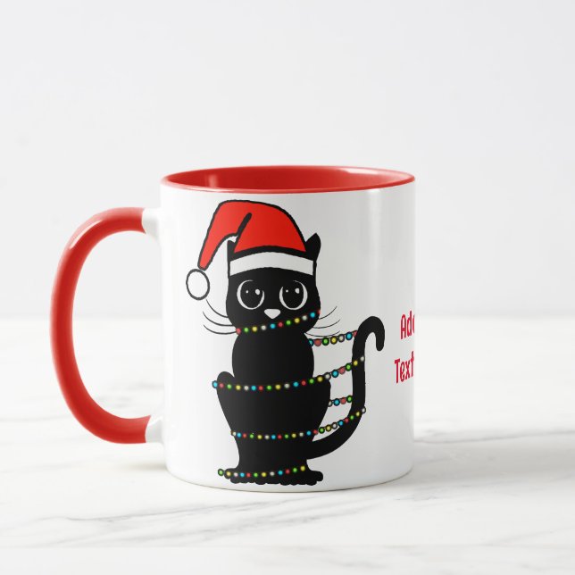 Black Funny Cat Christmas Light Santa Hat Mug (Left)