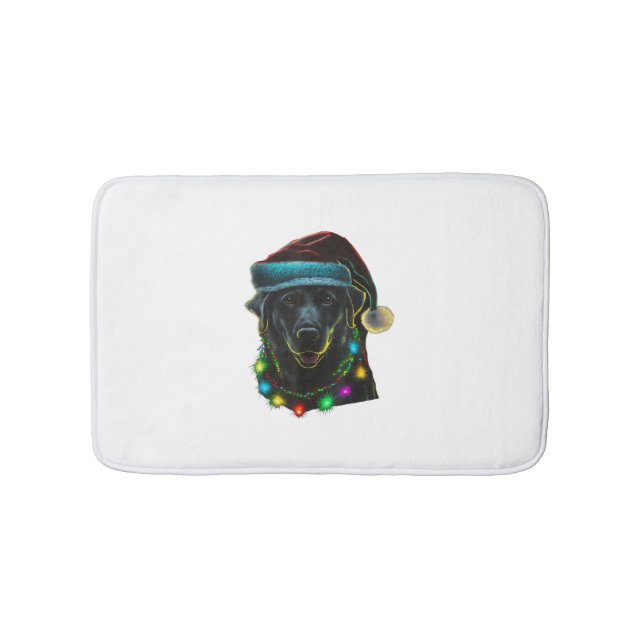 black Funny dog Christmas Santa Hat lights tree ho Bath Mat (Front)
