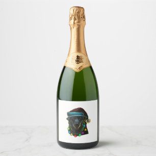 black Funny dog Christmas Santa Hat lights tree ho Sparkling Wine Label