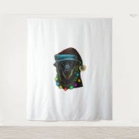 black Funny dog Christmas Santa Hat lights tree ho