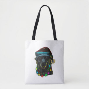 black Funny dog Christmas Santa Hat lights tree ho Tote Bag