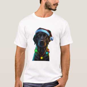 Black Funny dog Christmas Santa Hat lights tree  T-Shirt