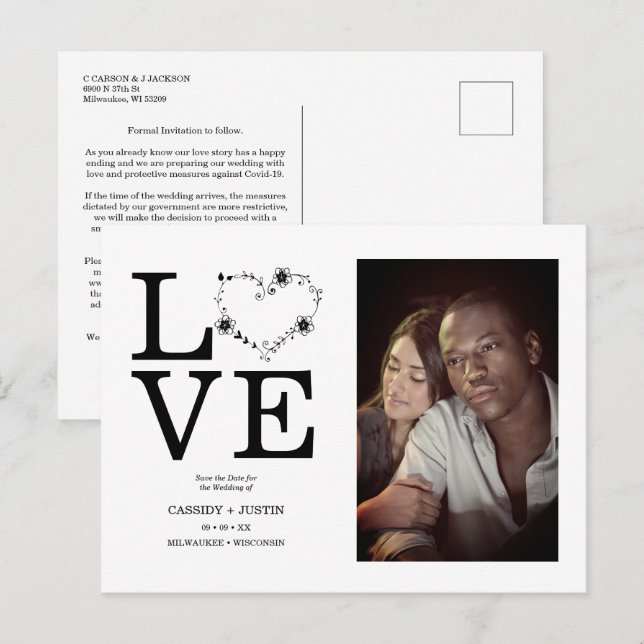 Black Funny Floral Love Heart Custom photo Couple Announcement Postcard (Front/Back)