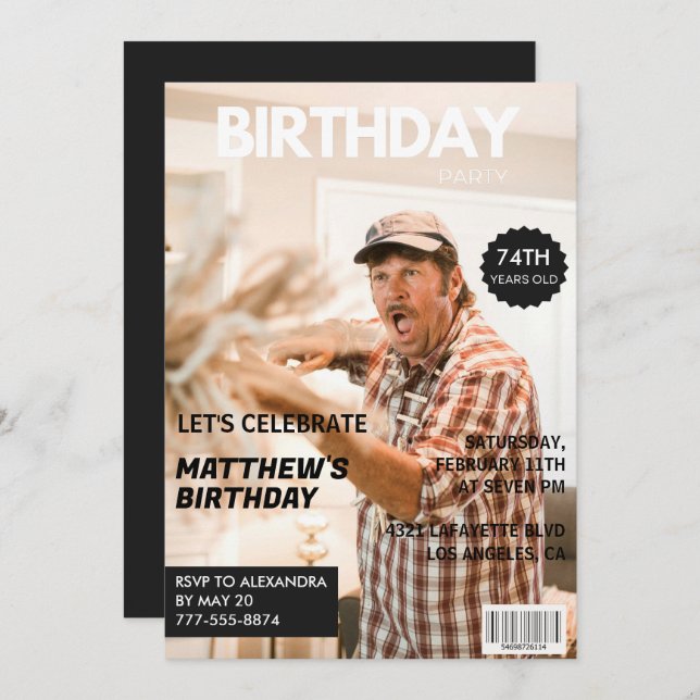 Black Funny Magazine Cover Photo 74th birthday Invitation (Front/Back)