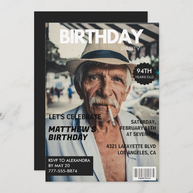 Black Funny Magazine Cover Photo 94th birthday Invitation (Front/Back)