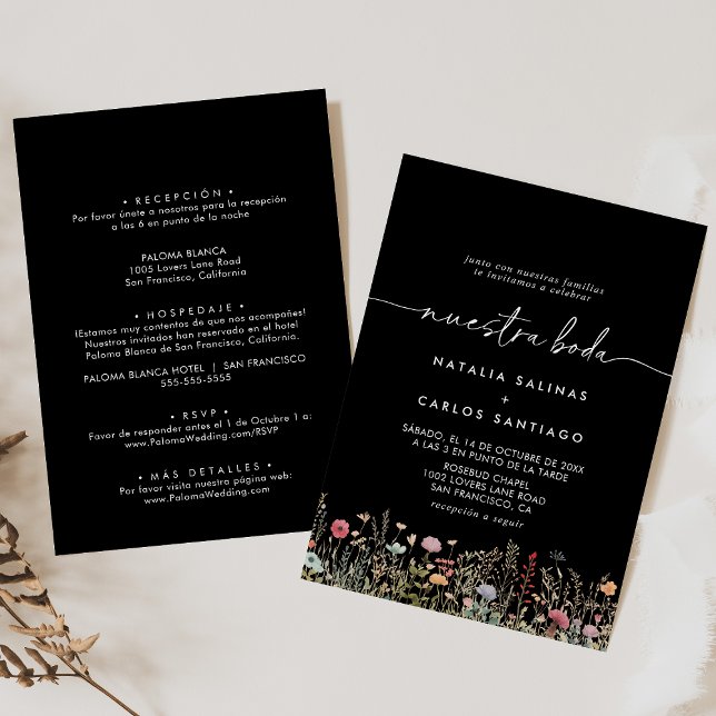 Black Galant Wildflower Front & Back Nuestra Boda Invitation (Creator Uploaded)