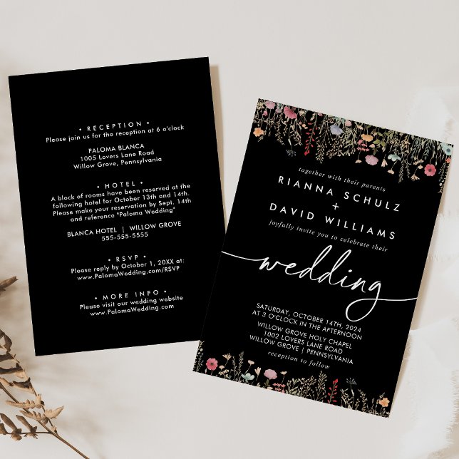 Black Galant Wildflower Front & Back Wedding Invitation (Creator Uploaded)